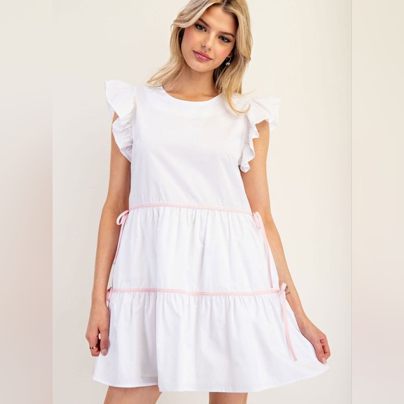 Chic White Dress with Pink Trim - Picture 1 of 11